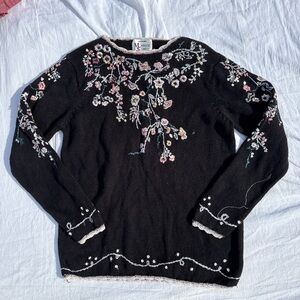 Floral Embroidered Black Sweater